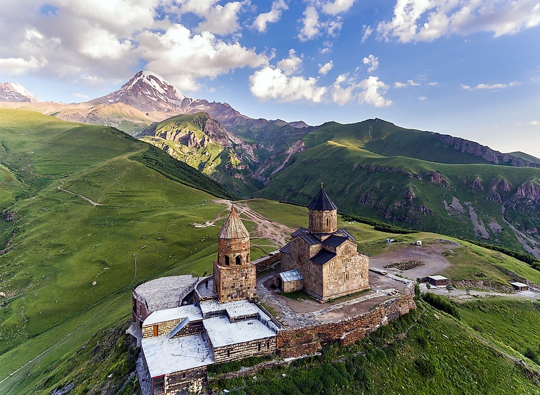 The famous Gergeti Trinity Church in Georgia. 