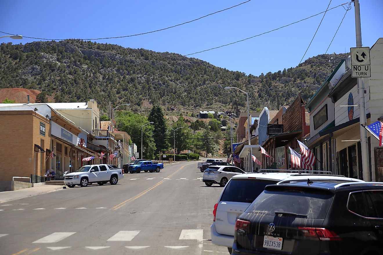 Pioche, Nevada, main street with American flags near stores. By KennedyPhotography - Own work, CC BY-SA 4.0, Wikimedia Commons