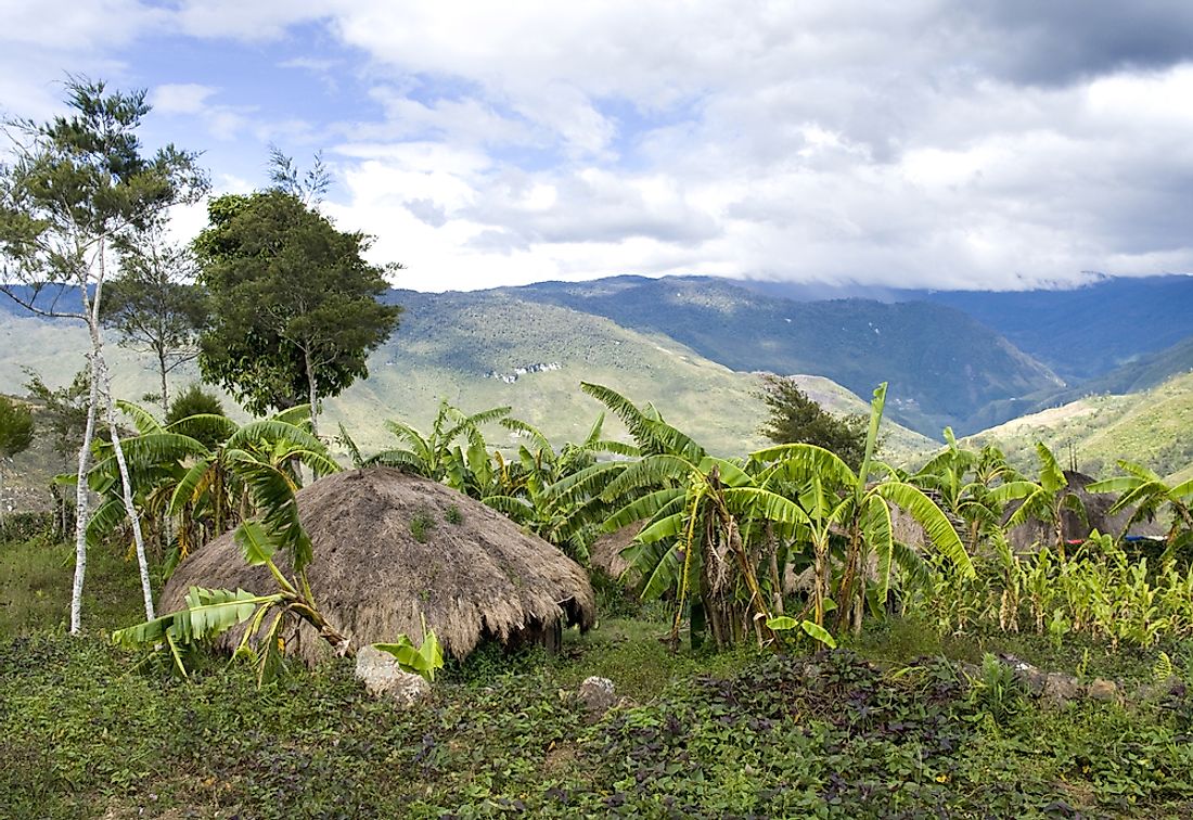 A mountainous landscape of the island of New Guinea in southeast Asia. 