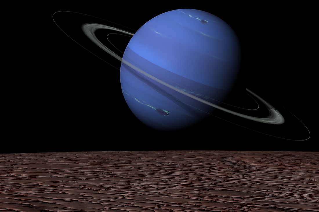 A 3D image of Neptune with its moons. 