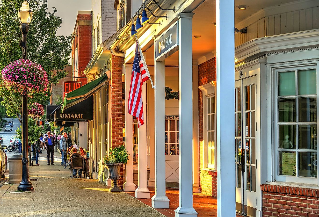 PNC Bank and People Dining on Main Street in July, in Chagrin Falls, Ohio. Image credit Lynne Neuman via Shutterstock