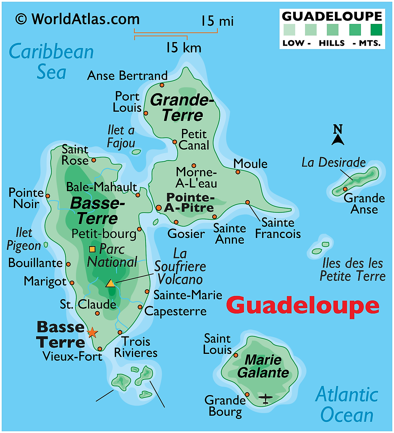 Physical map of Guadeloupe showing terrain, major islands, national parks, important settlements, volcanoes, etc.
