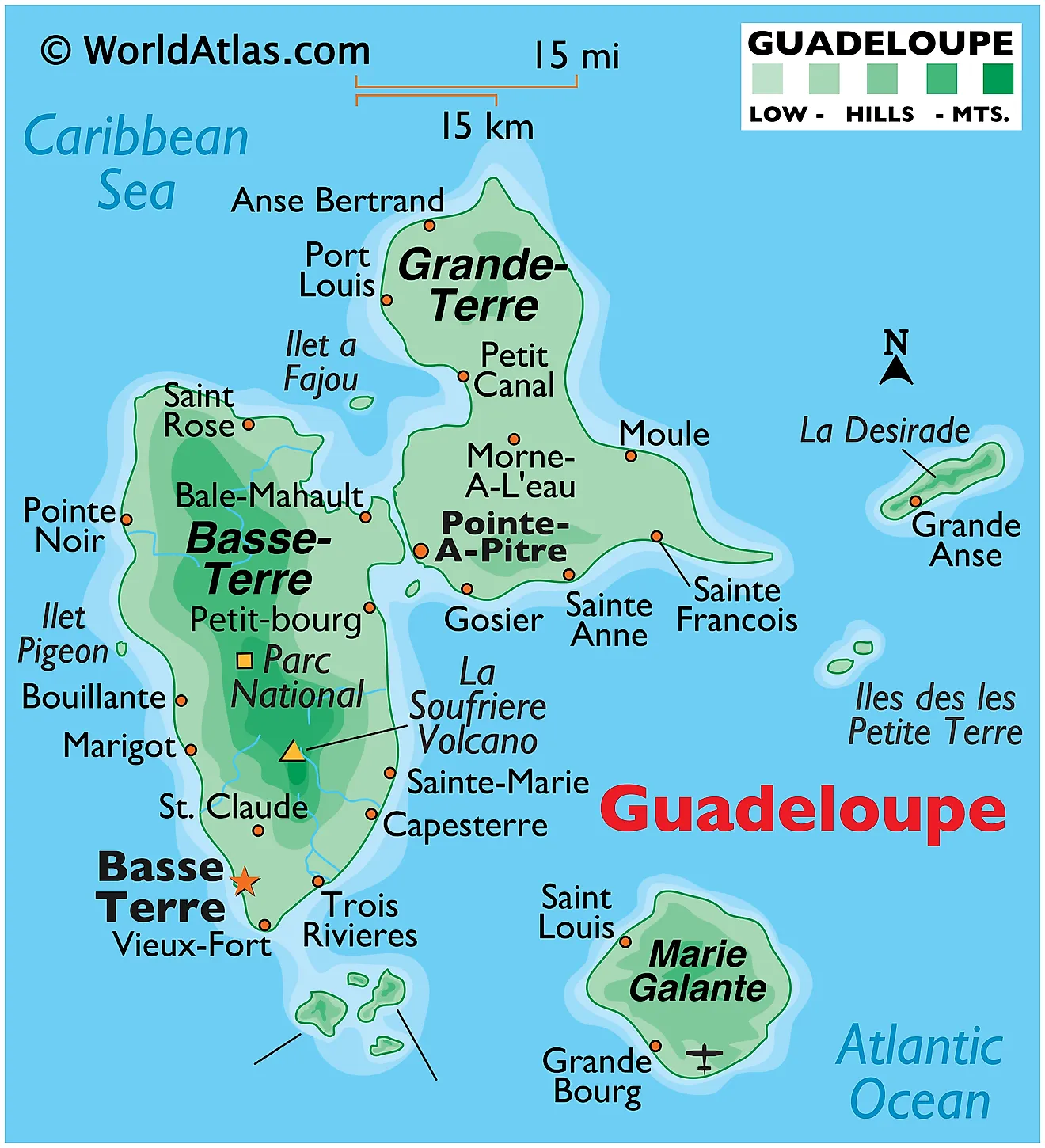 Physical map of Guadeloupe showing terrain, major islands, national parks, important settlements, volcanoes, etc.