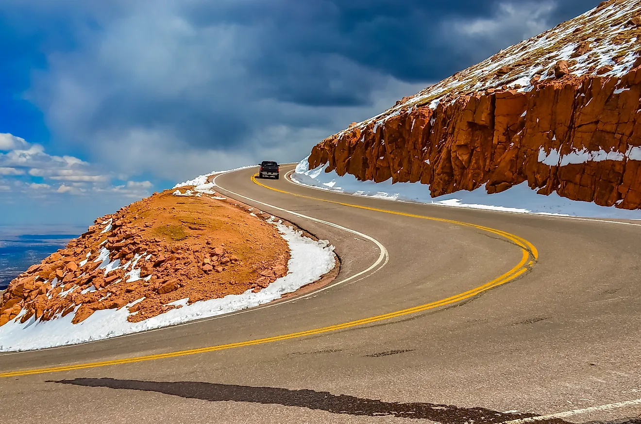 The road to the snow-covered mountain Pikes Peak, Colorado