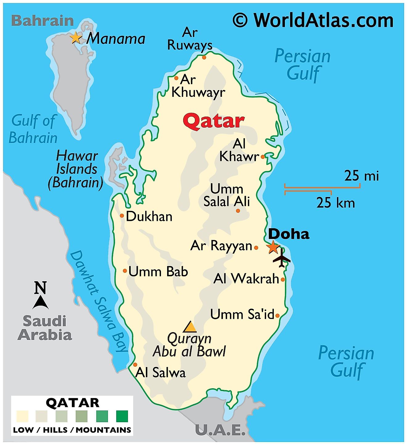 Physical Map of Qatar showing state boundaries, relief, important cities, and the highest point.