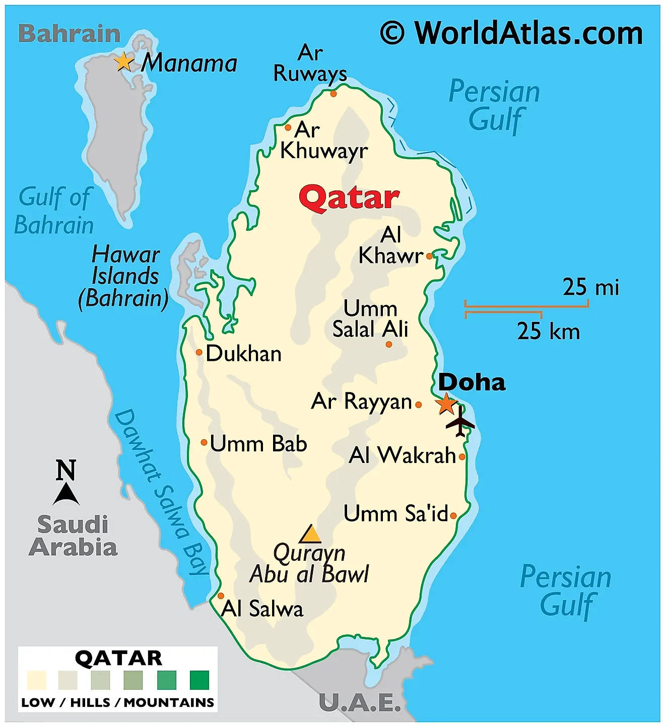 Mapa físico de Qatar que muestra los límites estatales, el relieve, las ciudades importantes y el punto más alto.