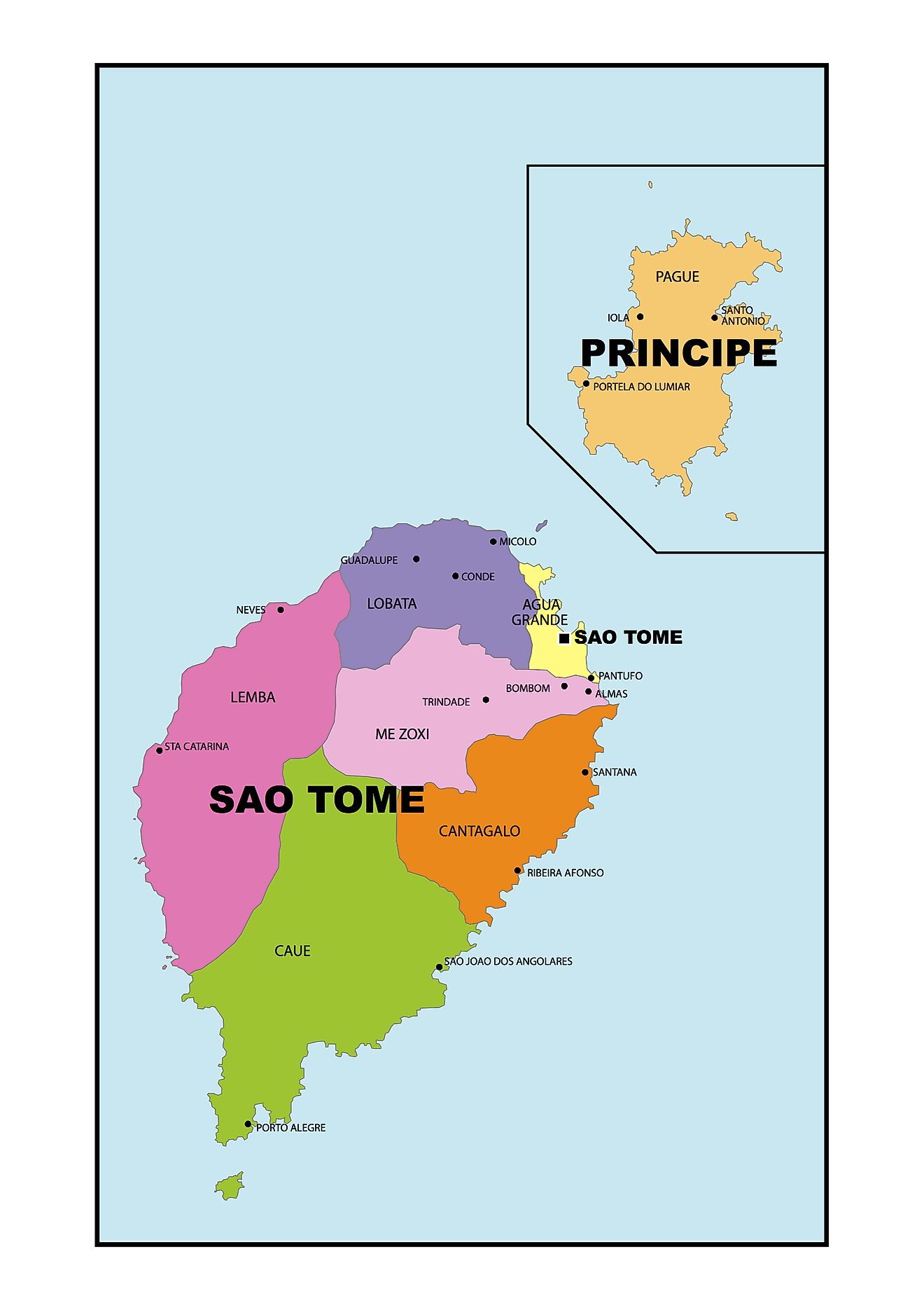 Mapa Político de Santo Tomé y Príncipe que muestra sus seis distritos, sus capitales y la capital nacional de Santo Tomé.