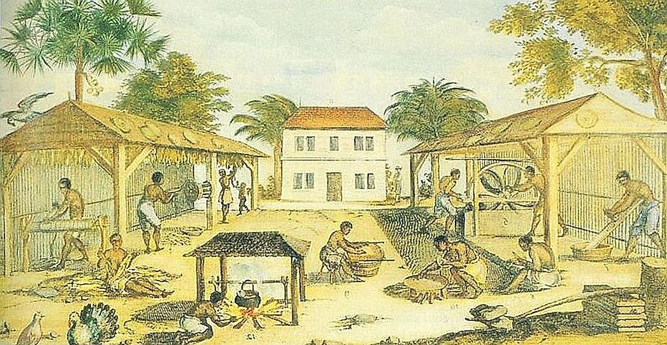 African slaves working in 17th-century Virginia, by an unknown artist, 1670. 