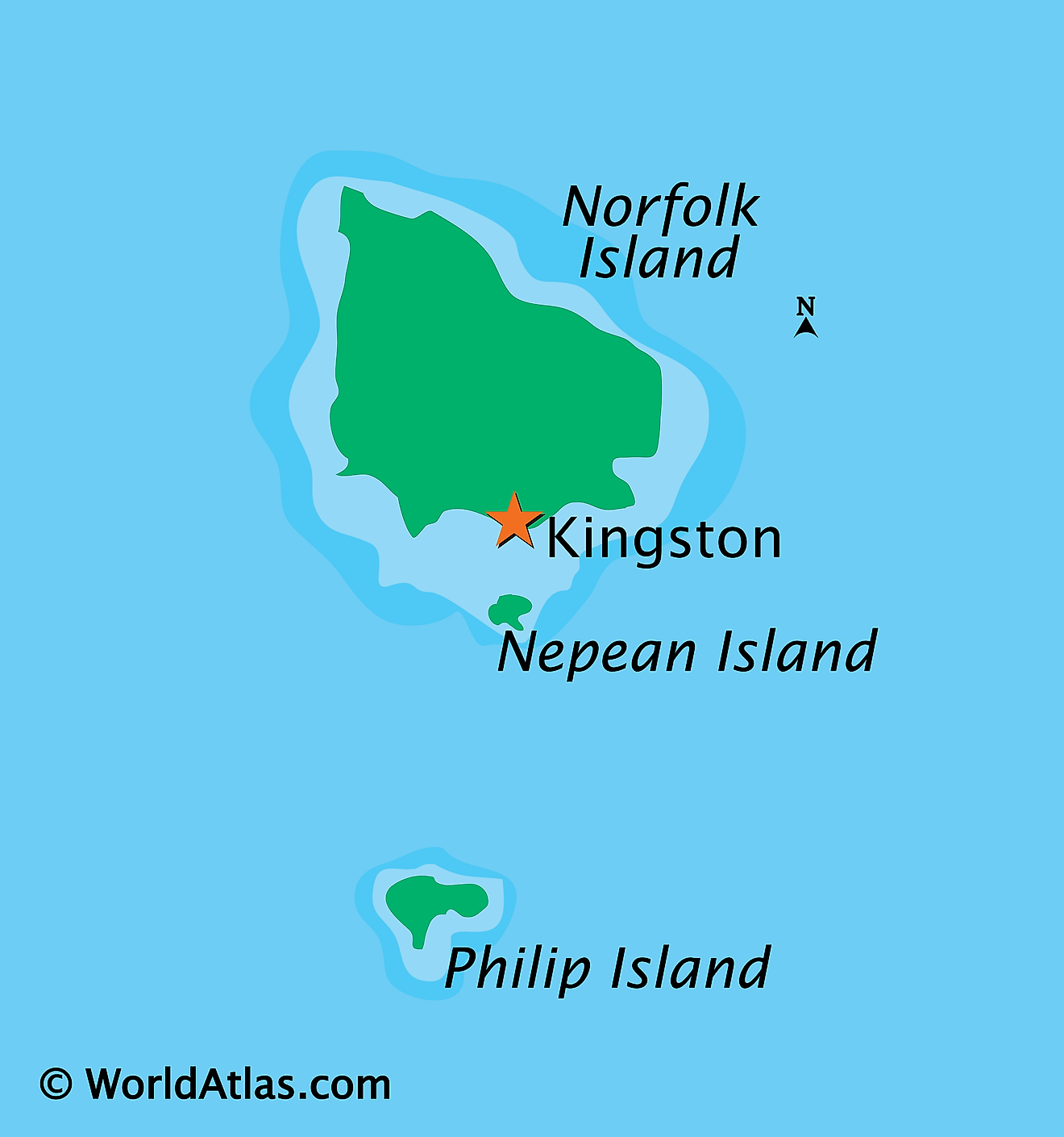 Mapa físico de la isla de Norfolk que muestra las islas principales.