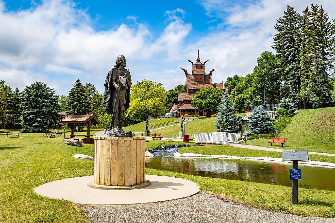 Minot, ND, USA - July 06, 2025: A commanding Viking warrior statue stands prominently in front of the Scandinavian Heritage Park in Minot