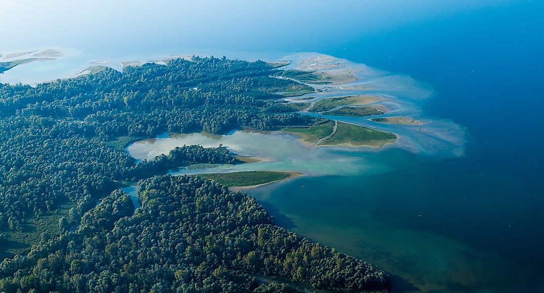 An aerial view of a river delta. 