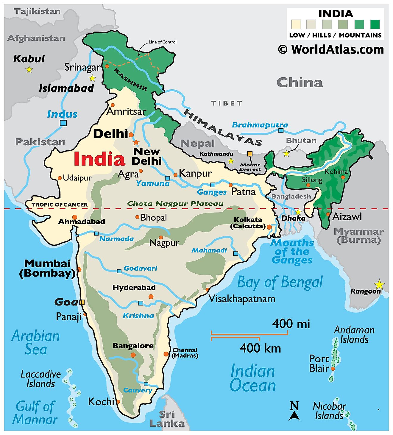 Mapa físico de la India que muestra el relieve, las cadenas montañosas, las mesetas, los principales ríos, las fronteras internacionales, las islas, las ciudades importantes y más.