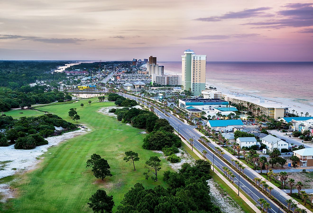 Panama City Beach, Florida, view of Front Beach Road at sunrise.