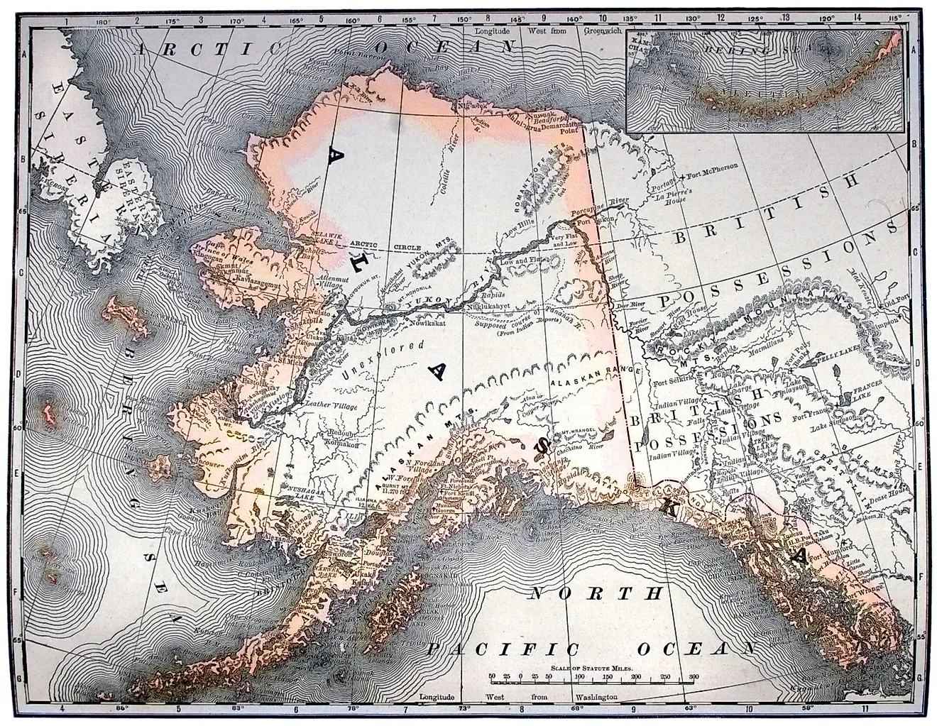 Vintage original map of Alaska, line-colored, dated 1889.