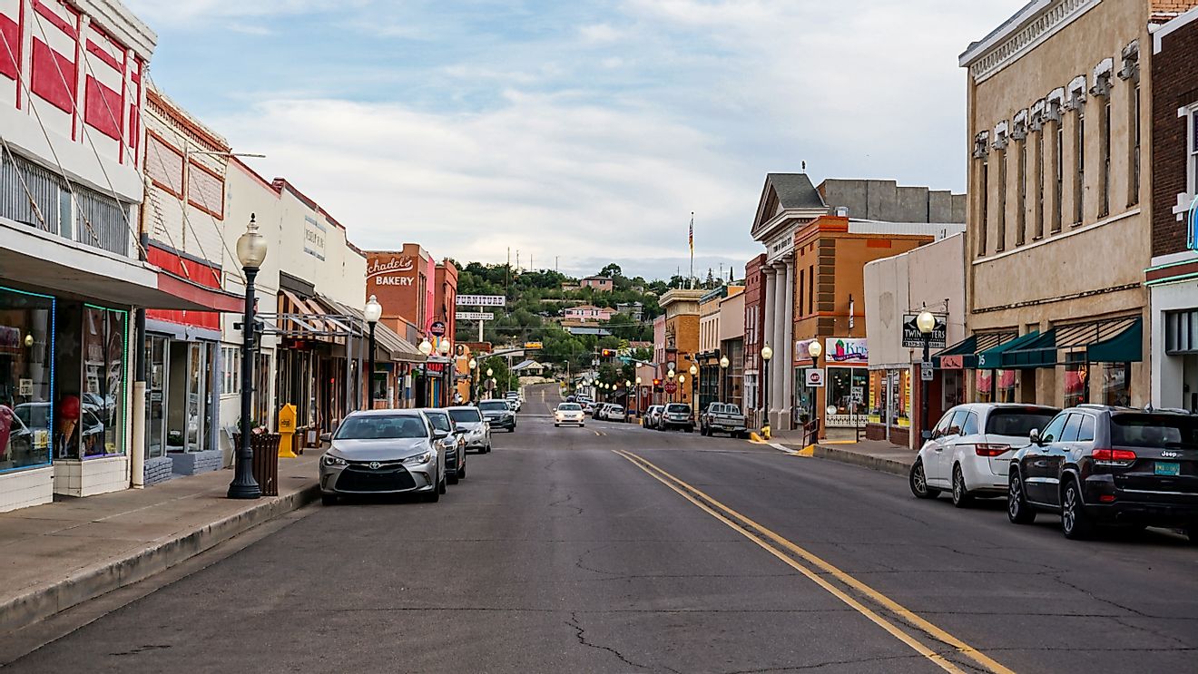 Bullard Street in downtown Silver City, looking south, a southwestern mining town with shops, stores and