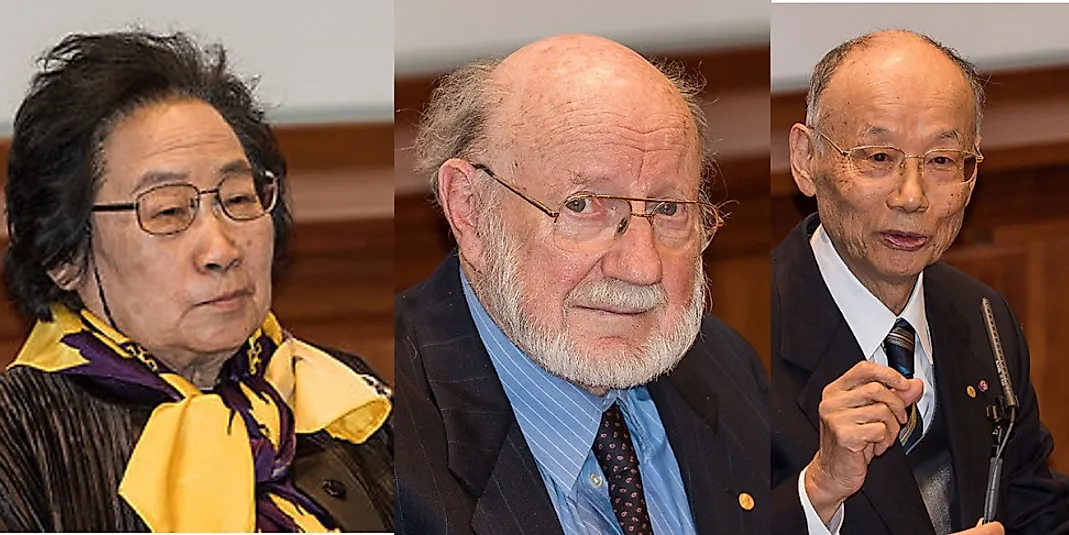 Tu Youyou of China (left), American-Irishman William C. Campbell (center), and Satoshi Omura of Japan (right) shared the award in 2015.