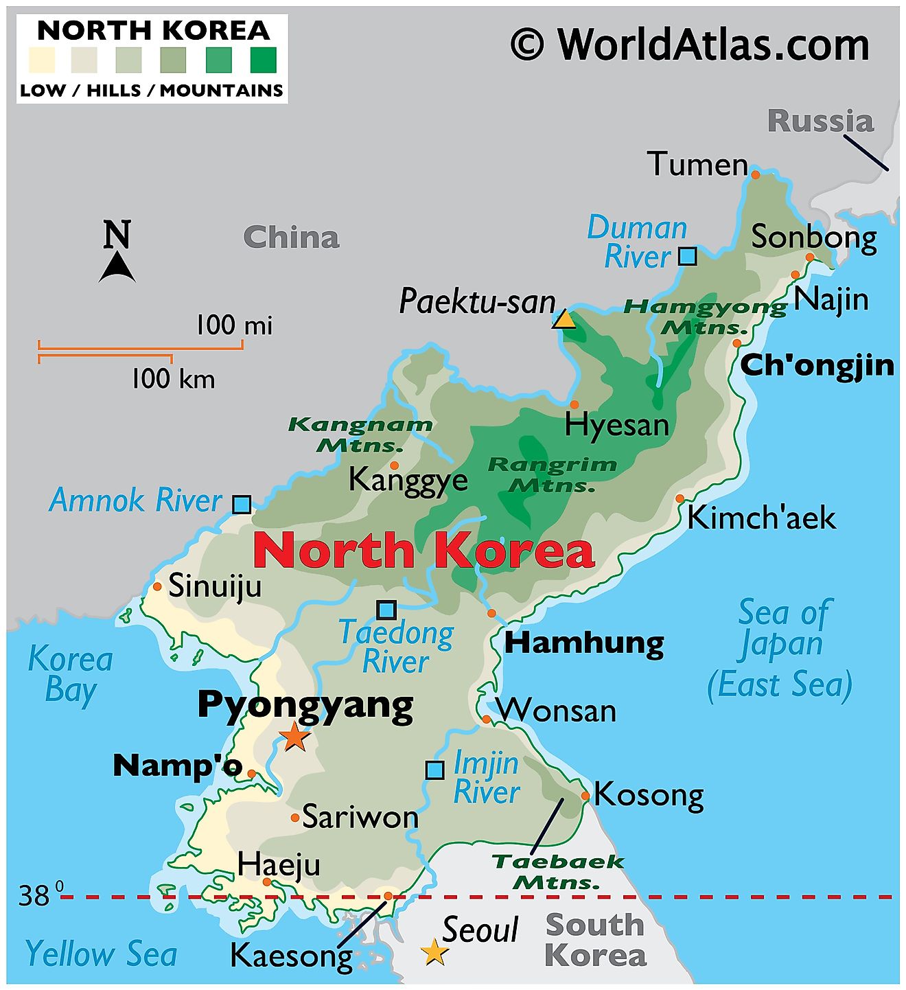 Physical Map of North Korea showing relief, highest point, major mountain ranges, rivers, important urban centres, etc.