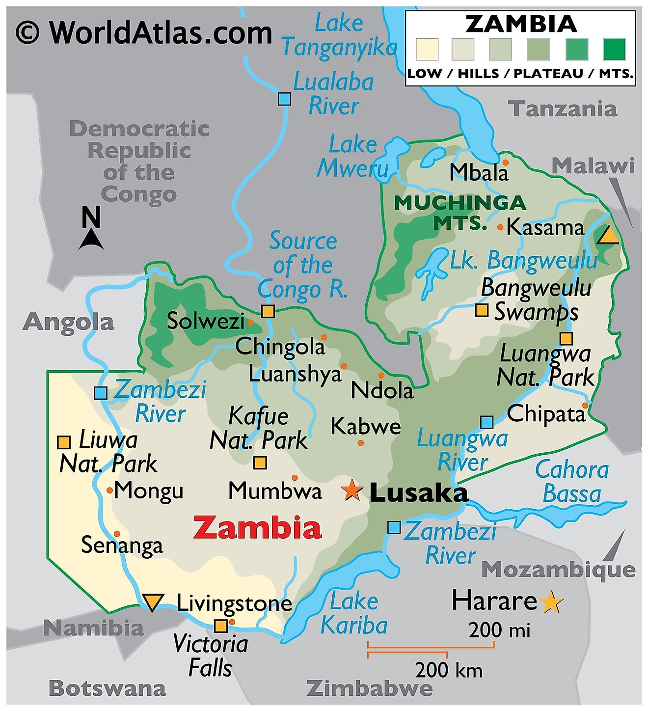Mapa Físico de Zambia. Muestra las características físicas de Zambia, incluidas las principales cadenas montañosas, ríos, lagos y otras características naturales.