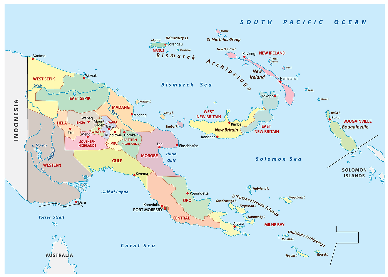 Mapa político de Papua Nueva Guinea que muestra sus 20 provincias, región autónoma y Port Moresby, la capital nacional