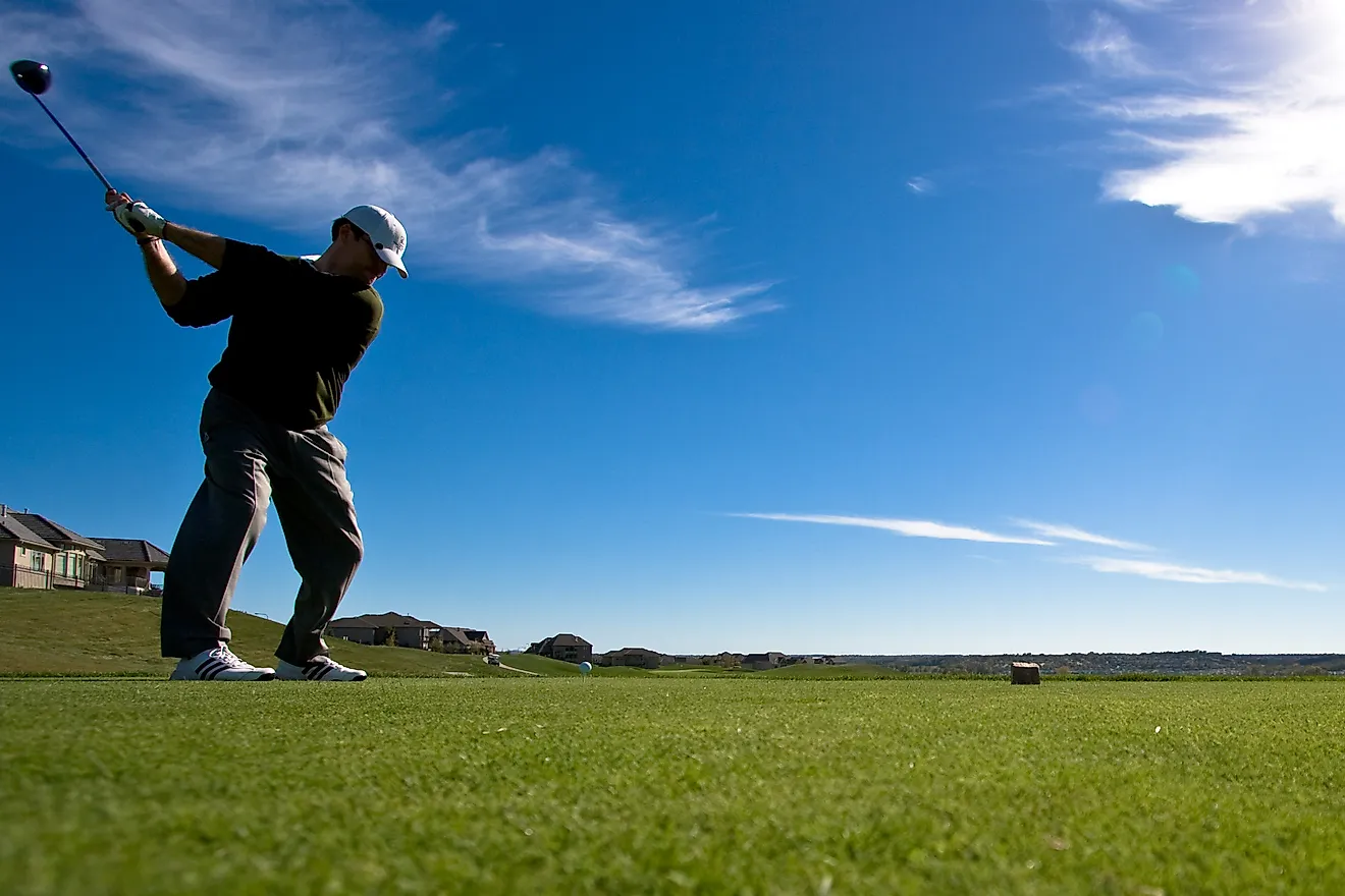 A golfer lines up a drive at The Players Club in Omaha, Nebraska.