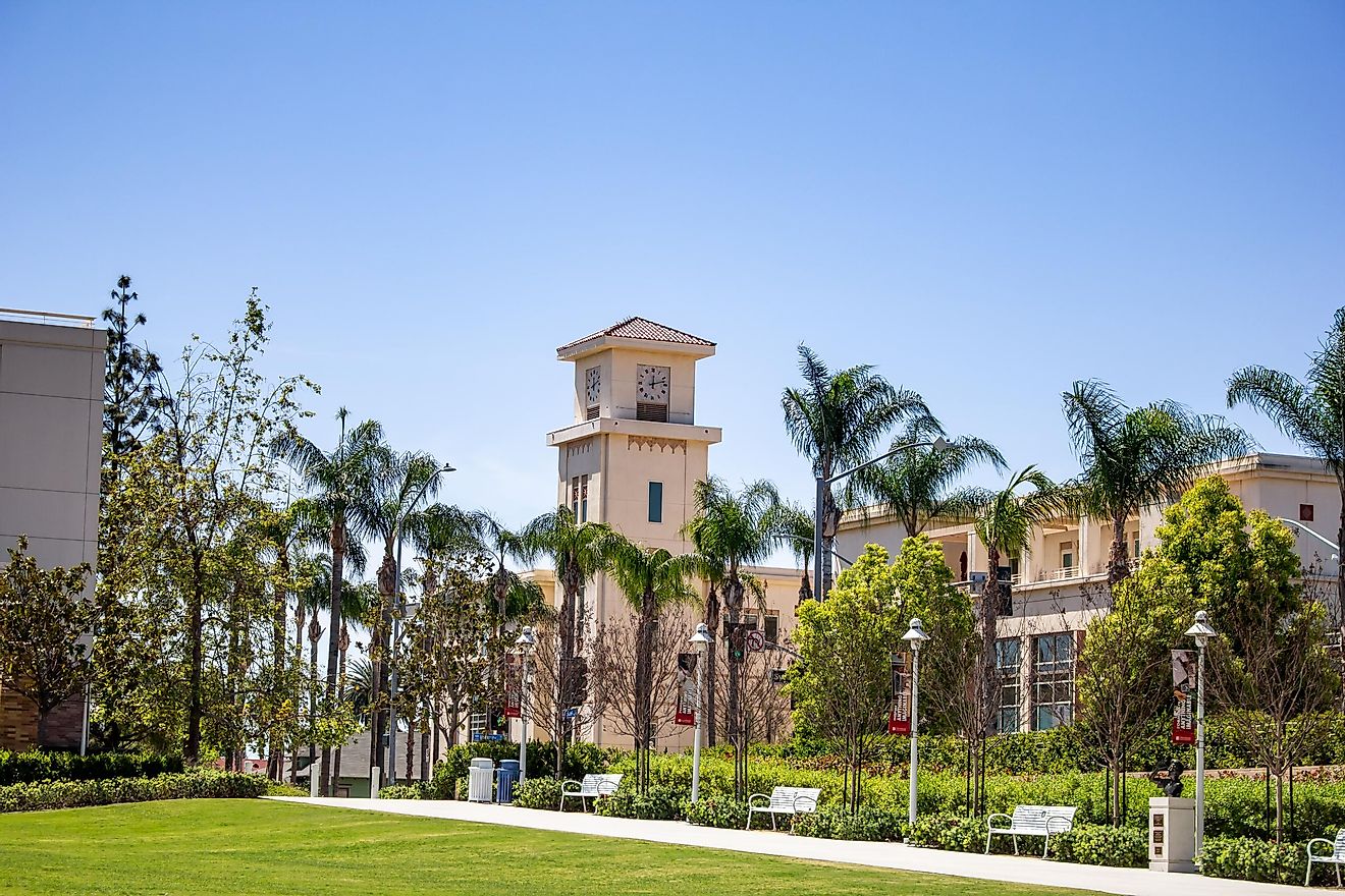 A wide shot of the Fowler School of Law building and the grassy quad or plaza area at Chapman University