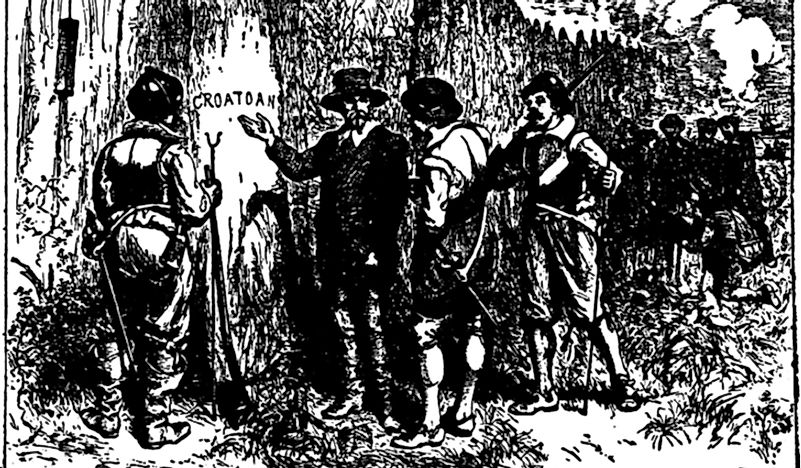 A drawing depicting the discovery of the cryptic words on a tree in Roanoke.
