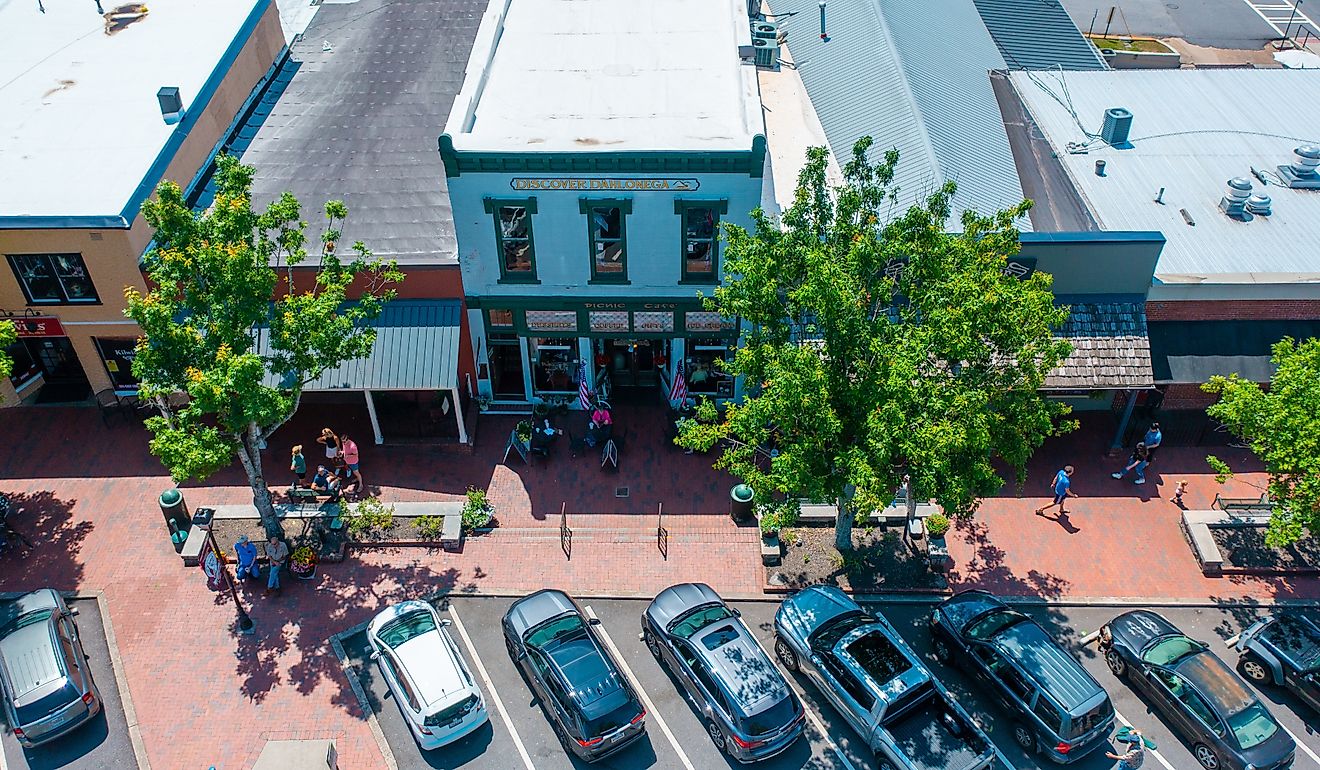 View of businesses along the main street and square in downtown Dahlonega, Georgia. Image credit Kyle J Little via Shutterstock