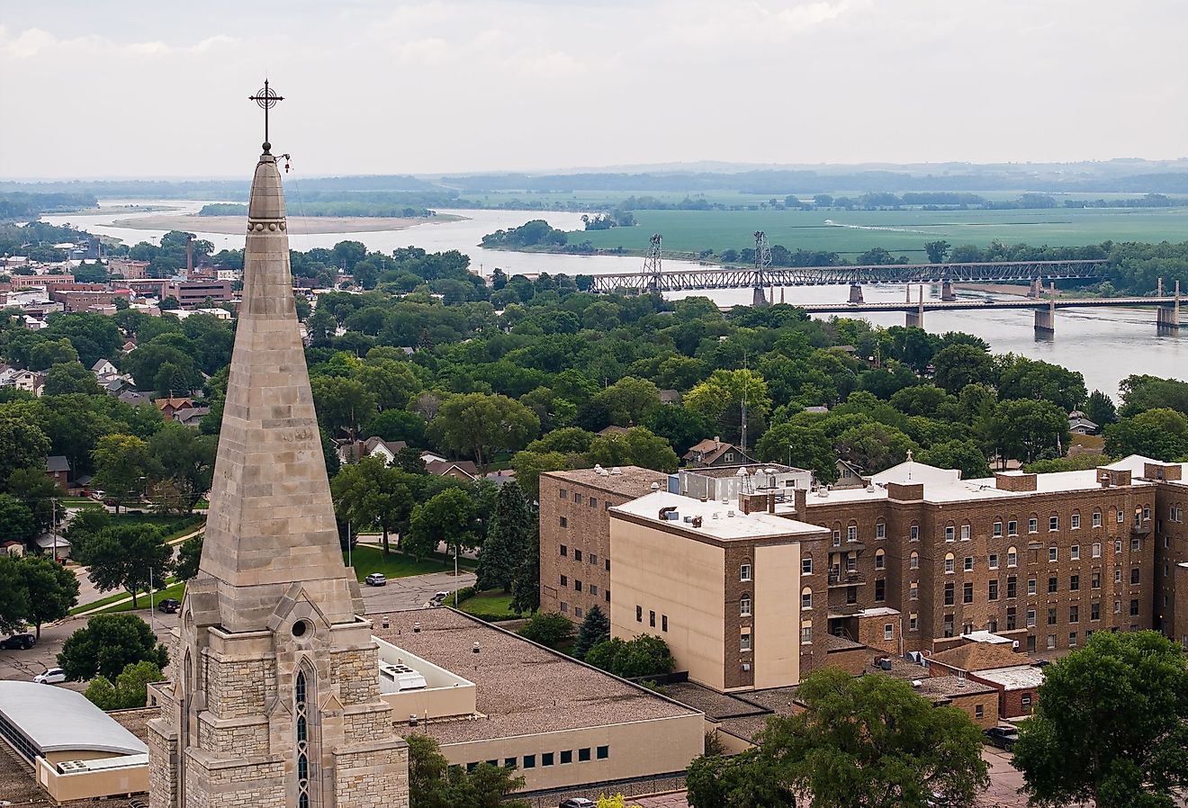 An aerial view of a cathedral near the Missouri river in Yankton, South Dakota.