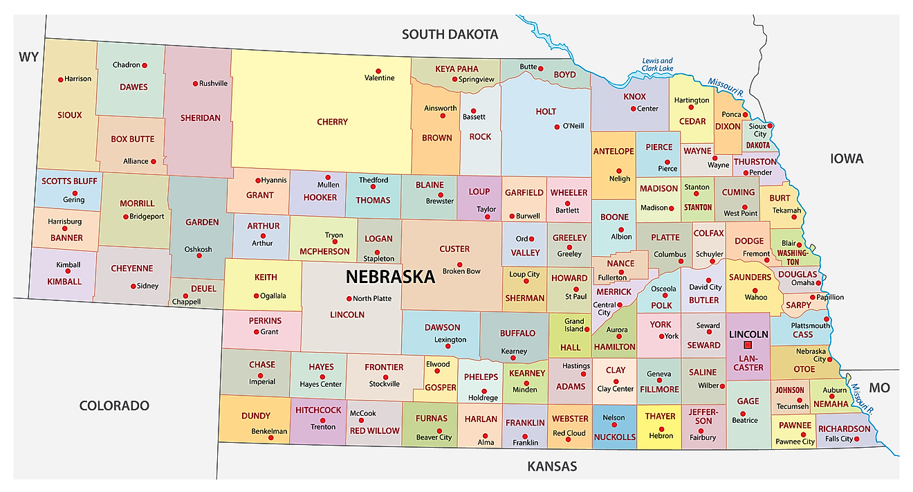 Administrative Map of Nebraska showing its 93 counties and the capital city - Lincoln