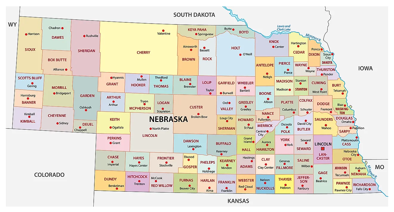 Administrative Map of Nebraska showing its 93 counties and the capital city - Lincoln