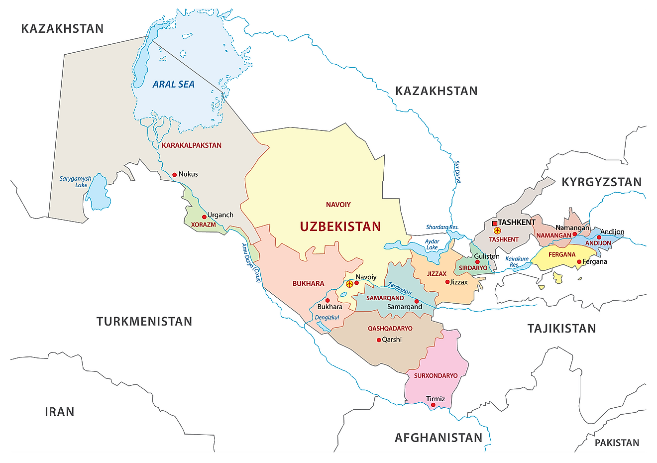Political Map of Uzbekistan displaying the 12 administrative regions, 1 autonomous republic, and 1 independent city.