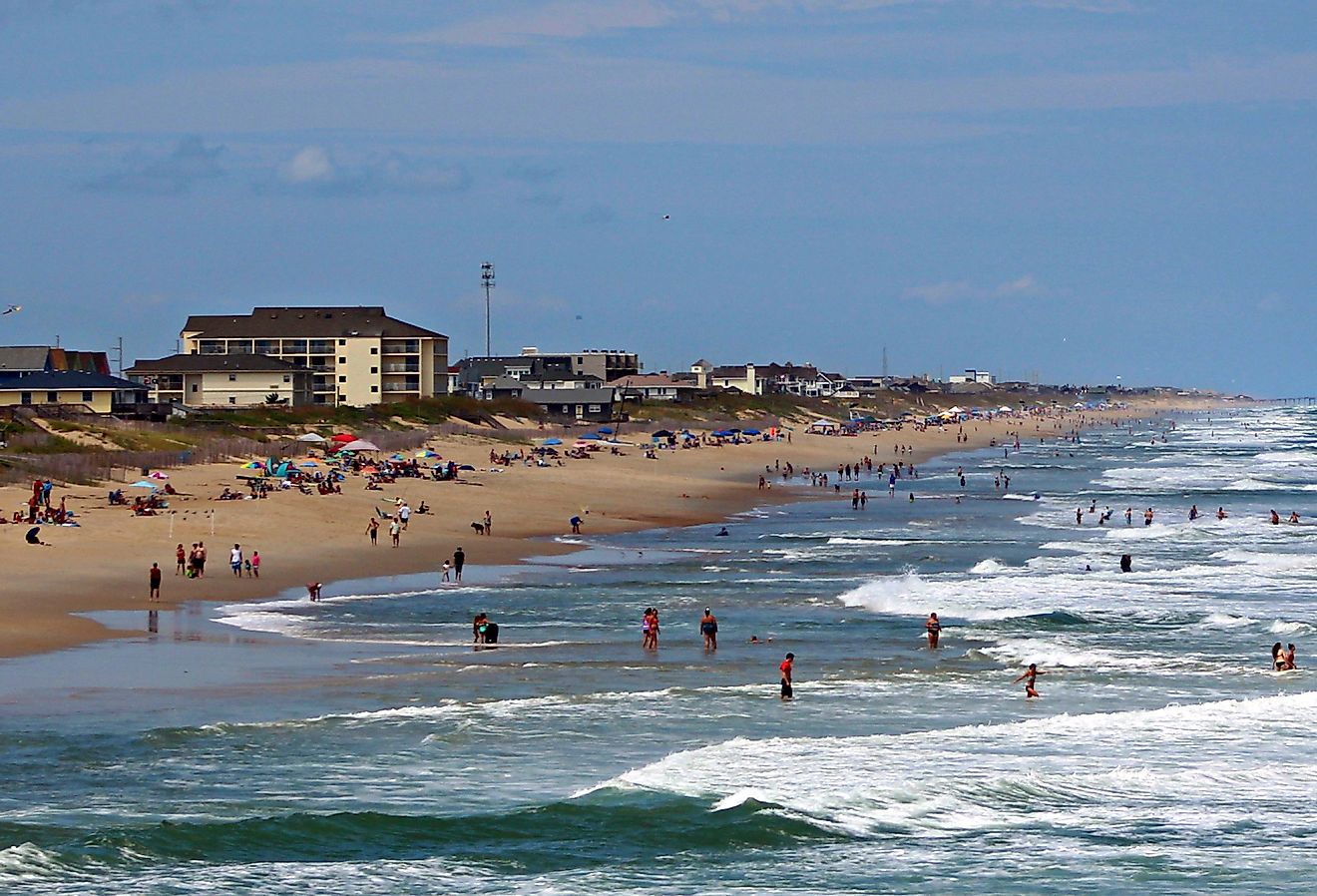 People on the beach and in the water at Nags Head Beach, Outer Banks.