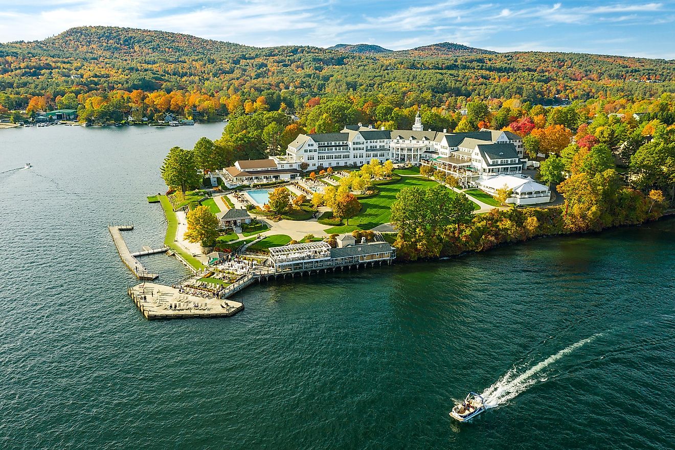 Fall foliage by Lake George at sunset. Photos are taken by drone.