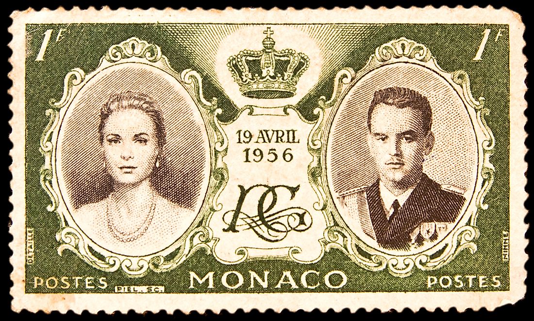 Postal stamp showing Prince Rainier and Grace Kelly. Photo credit: Wojtek Jarco / Shutterstock.com. 
