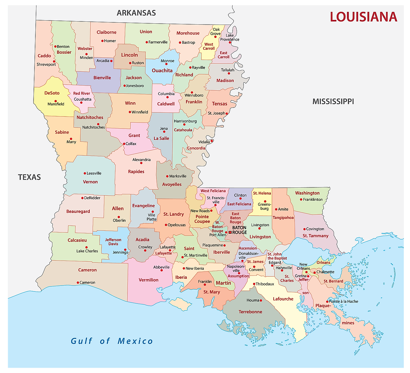 Administrative Map of Louisiana showing its 64 parishes and the capital city - Baton Rouge