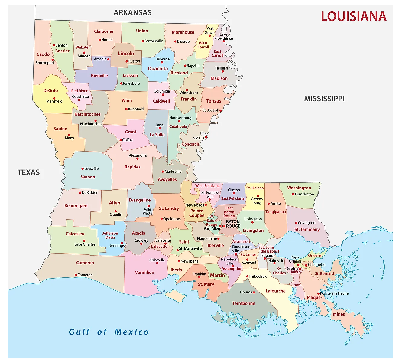 Administrative Map of Louisiana showing its 64 parishes and the capital city - Baton Rouge