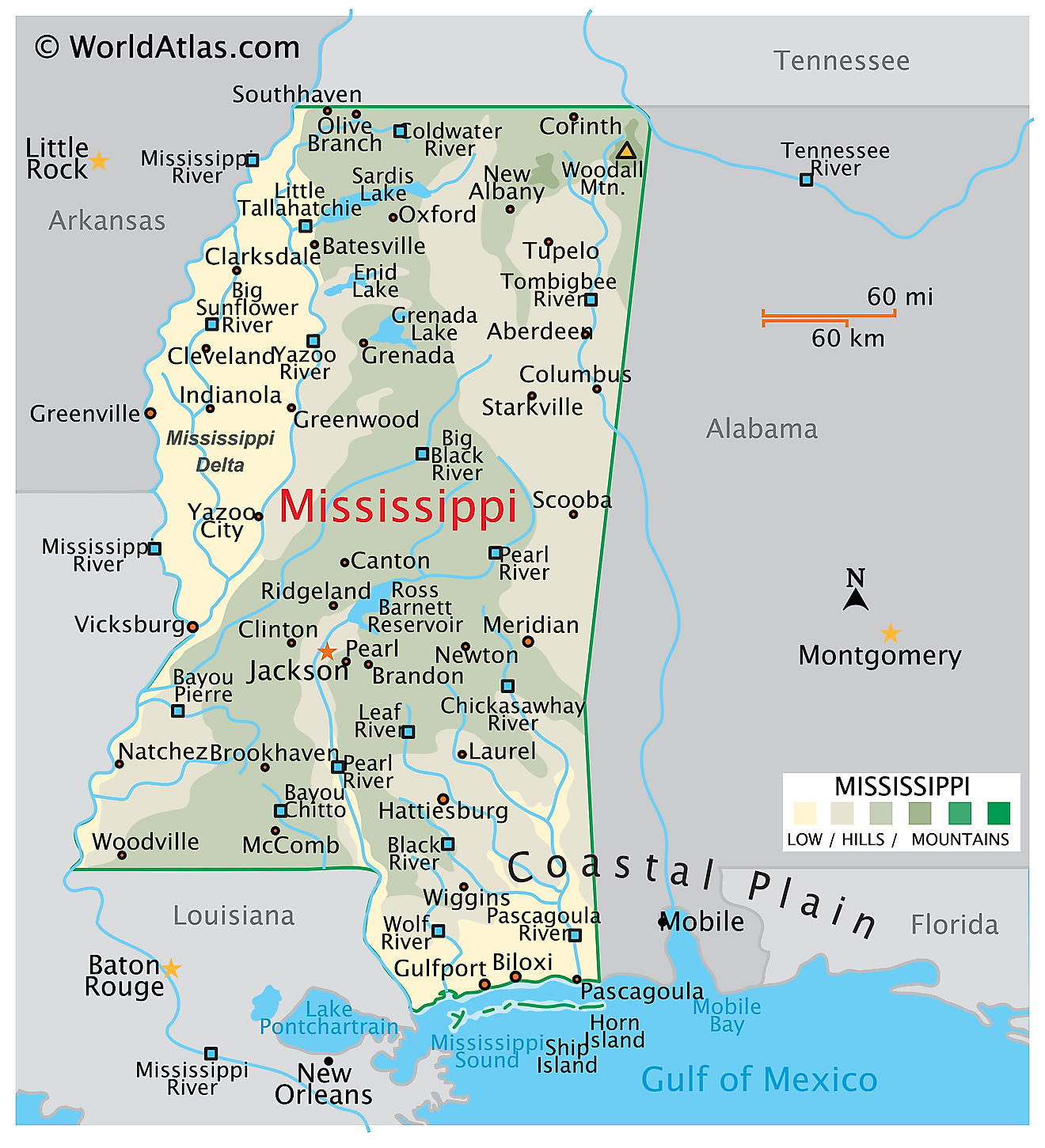 Mapa físico de Mississippi. Muestra las características físicas de Mississippi, incluidas sus cadenas montañosas, los principales ríos, lagos y el Golfo de México.