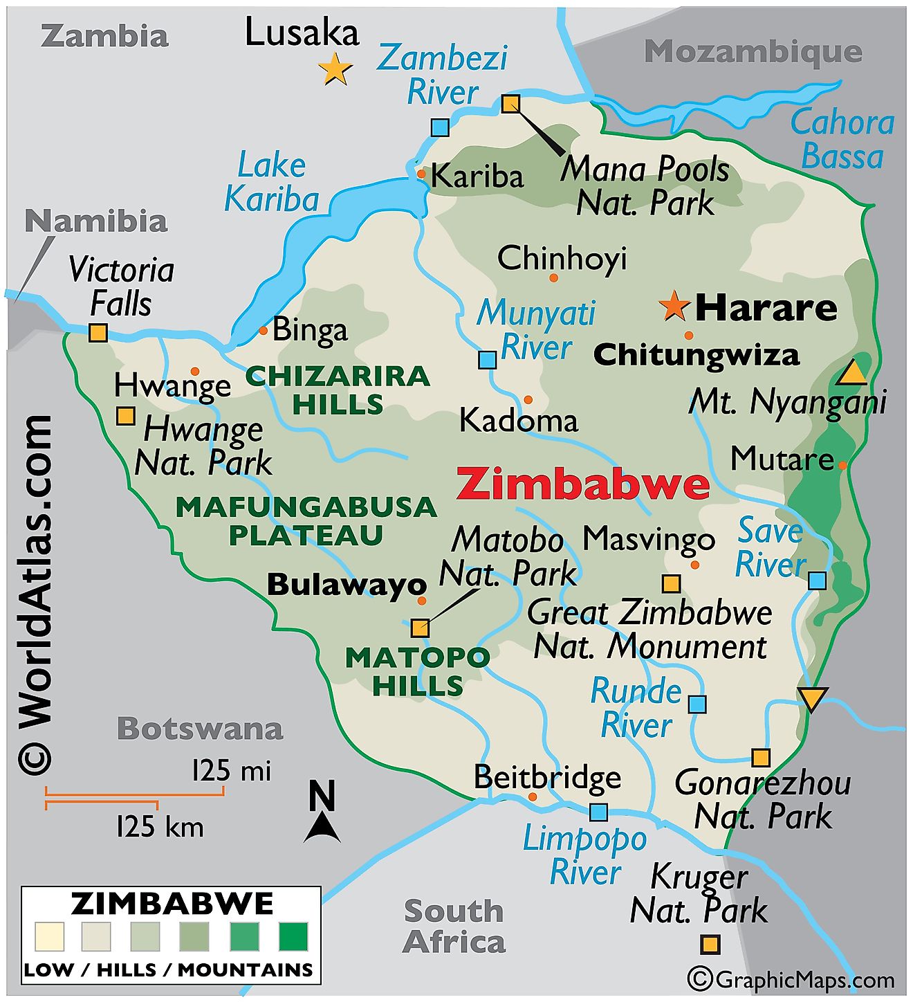 Mapa físico de Zimbabue que muestra las características físicas del país, incluidas cadenas montañosas, ríos, lagos principales e importantes áreas protegidas.