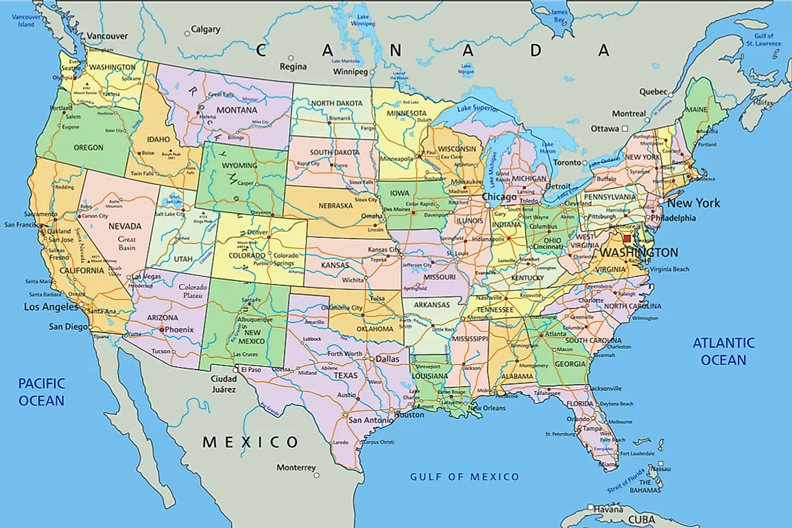 Ten US states must cross the boundaries of two other states to access the nearest gulf, bay, sea, or ocean.