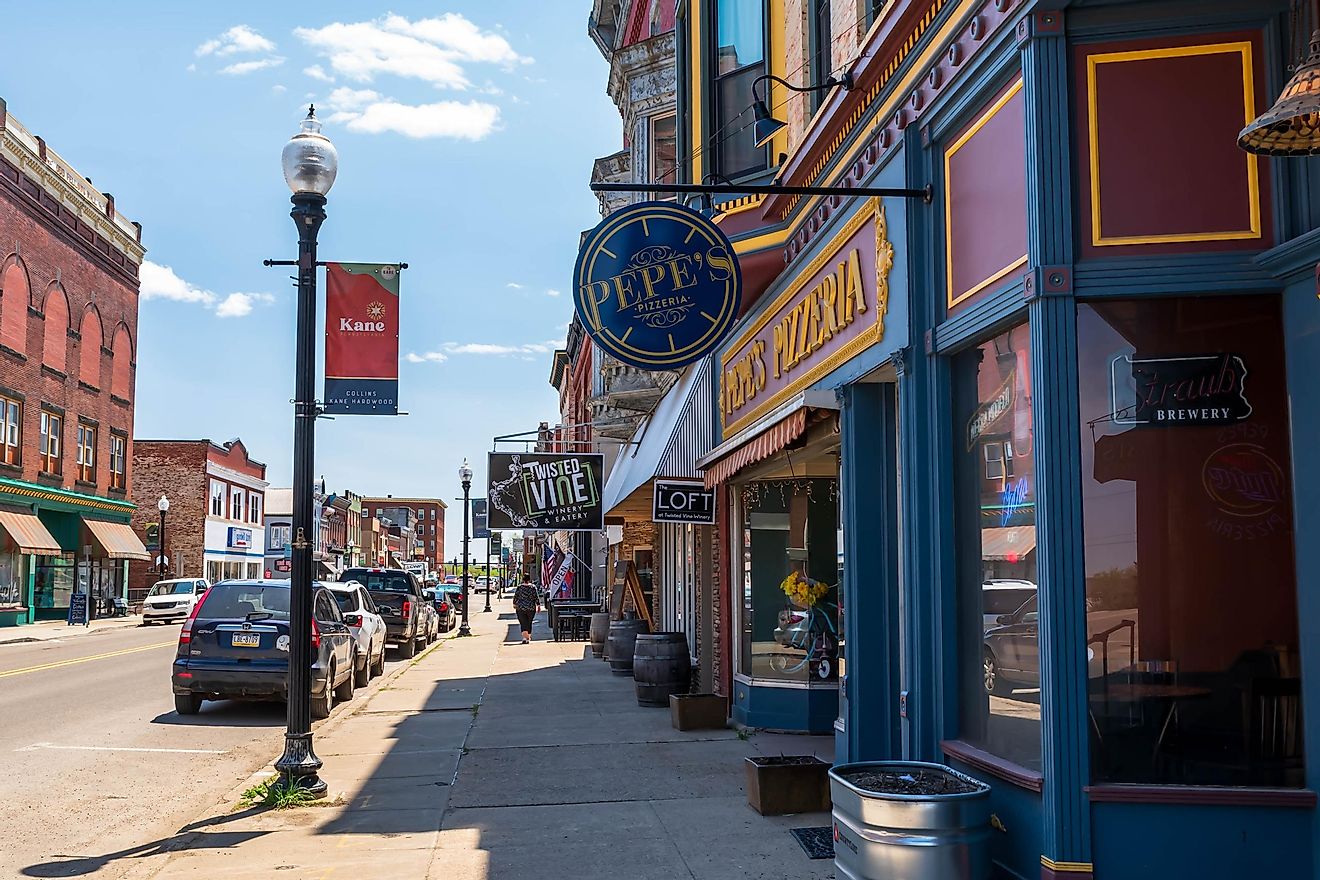 Businesses along North Fraley Street on a sunny spring day, Kane , Pennsylvania