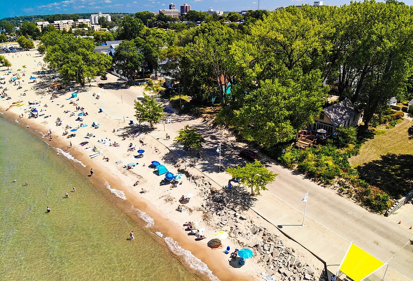 Beautiful drone shot of the great beach town of St Joseph Michigan. Image credit SkyCam Video LLC via Shutterstock