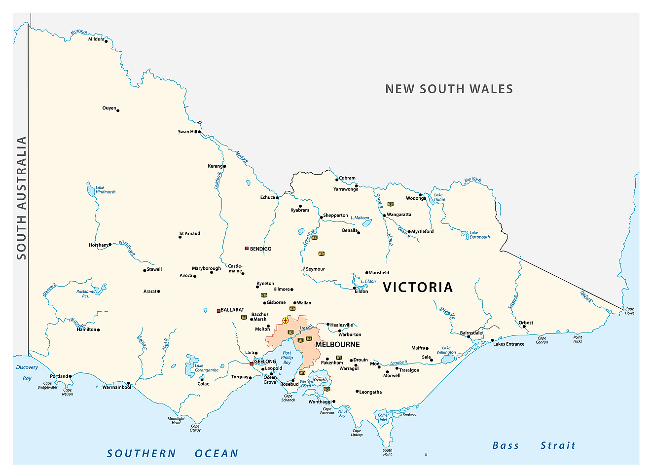Administrative Map of Victoria showing its cities/towns and its capital city - Melbourne