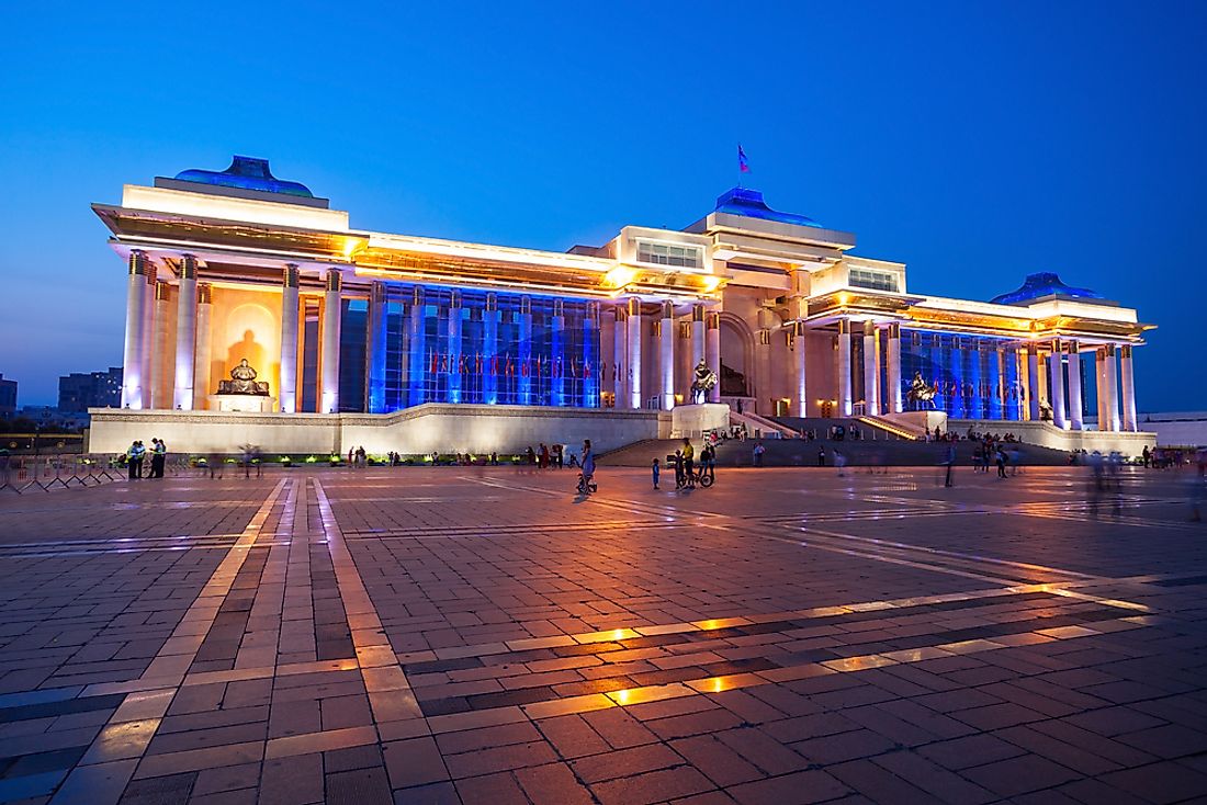 The Government Palace of Mongolia at night.