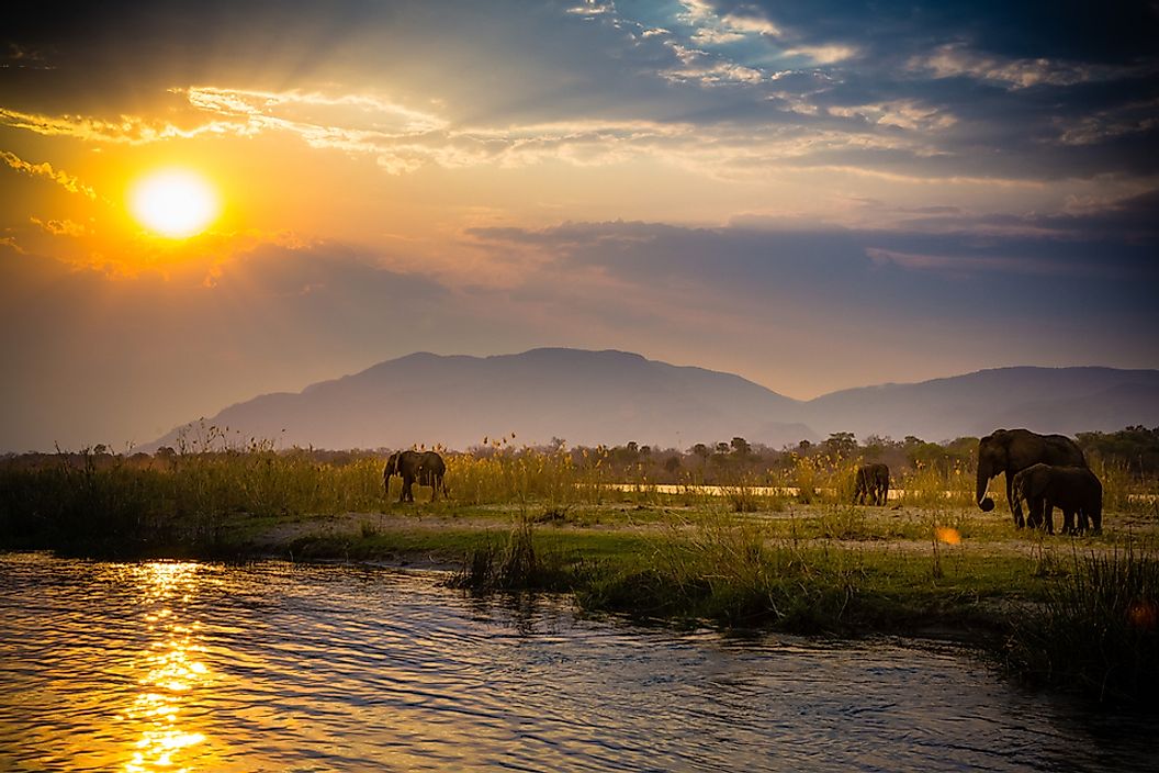 The Zambezi River flowing through Lower Zambezi National Park in Zambia.