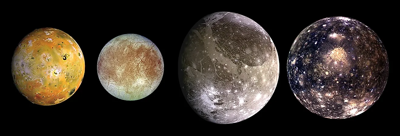 The four largest moons of Jupiter which are known as the Galilean satellites. (NASA, Public domain, via Wikimedia Commons)