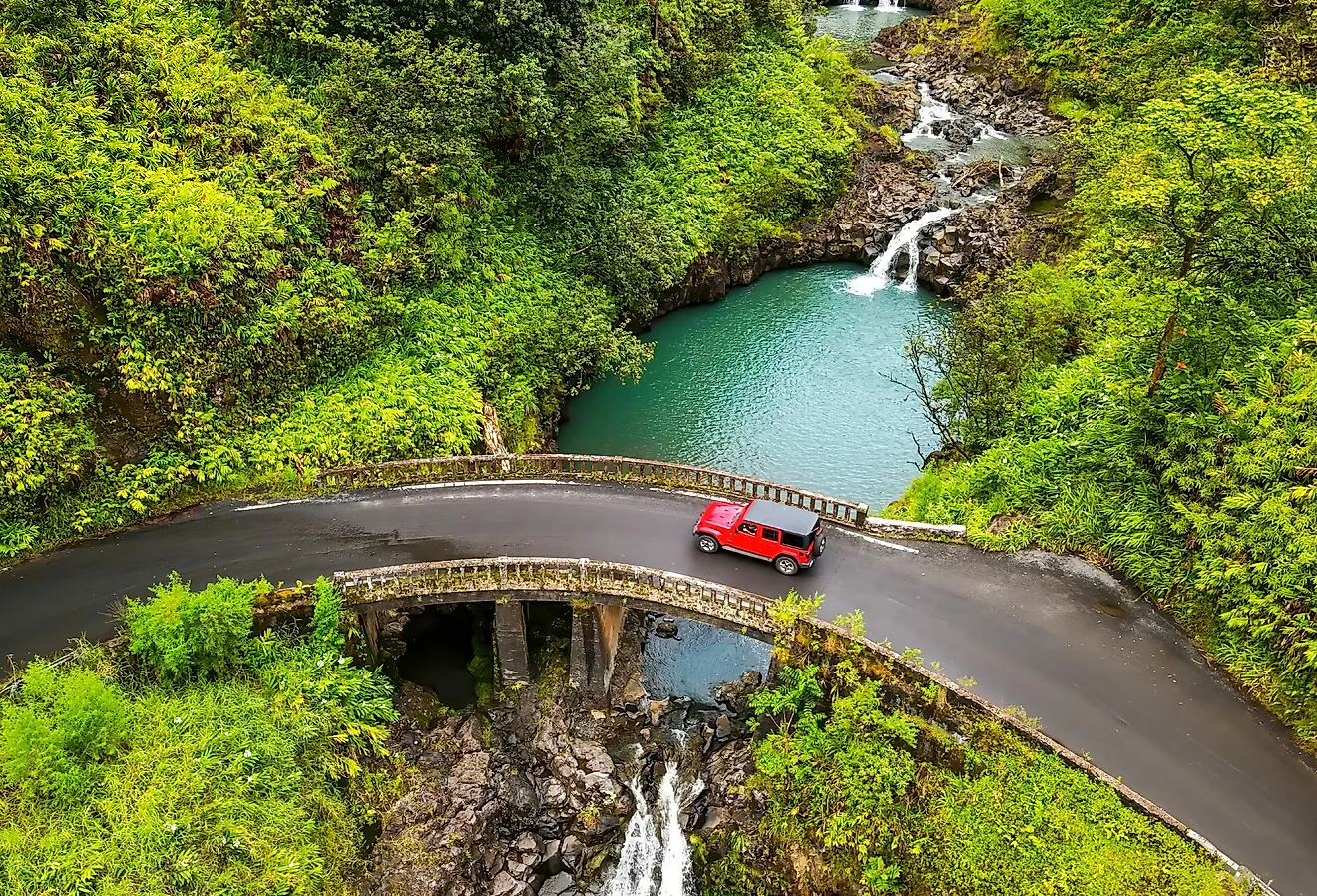 Overlooking waterfalls and one of the famous bridges which is on the Road to Hana, Hawaii.