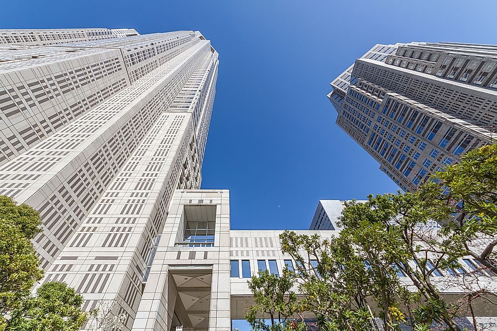 A close-up view of the Tokyo Metropolitan Government Building. 