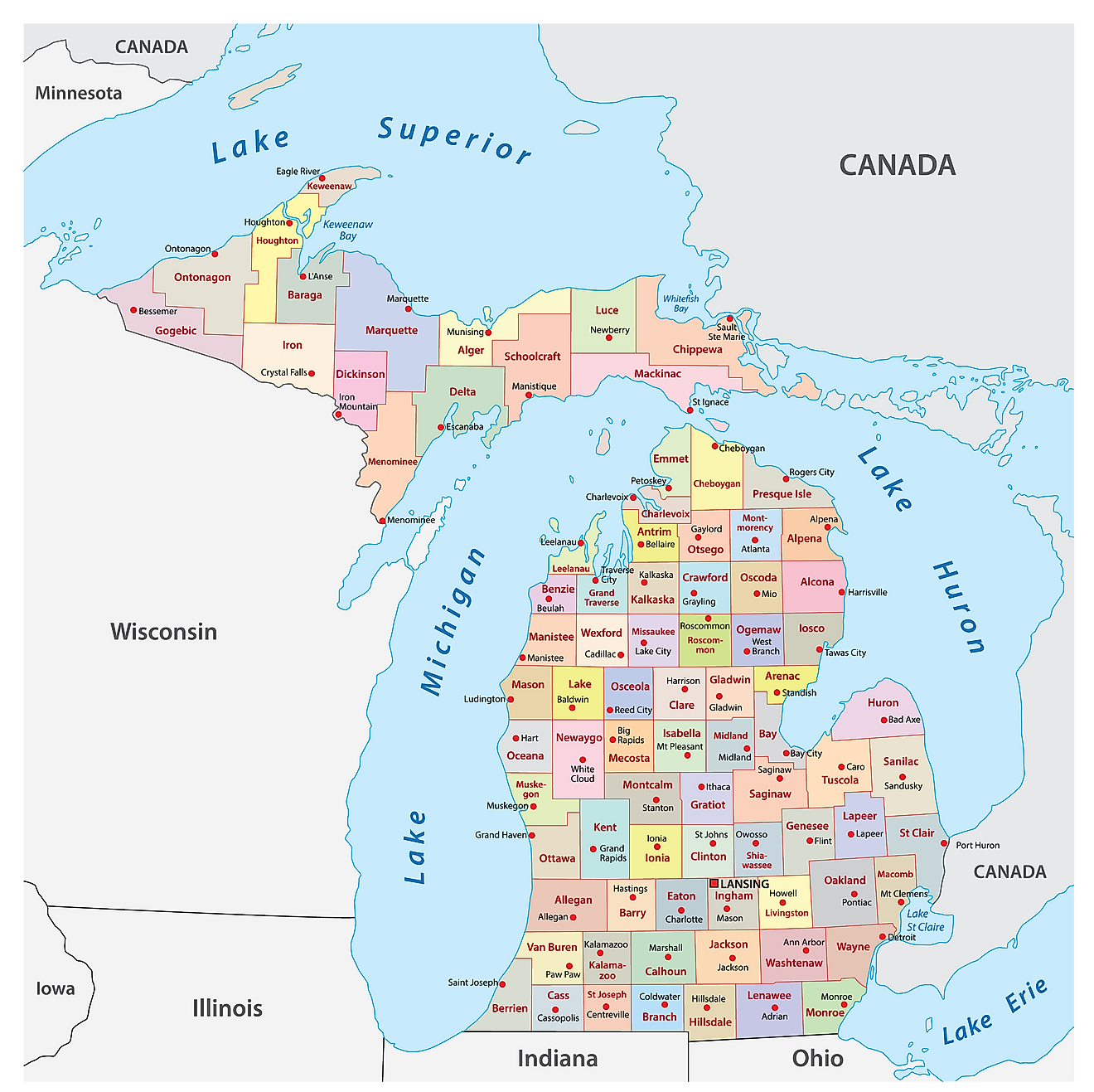 Mapa administrativo de Michigan que muestra sus 83 condados y la ciudad capital - Lansing
