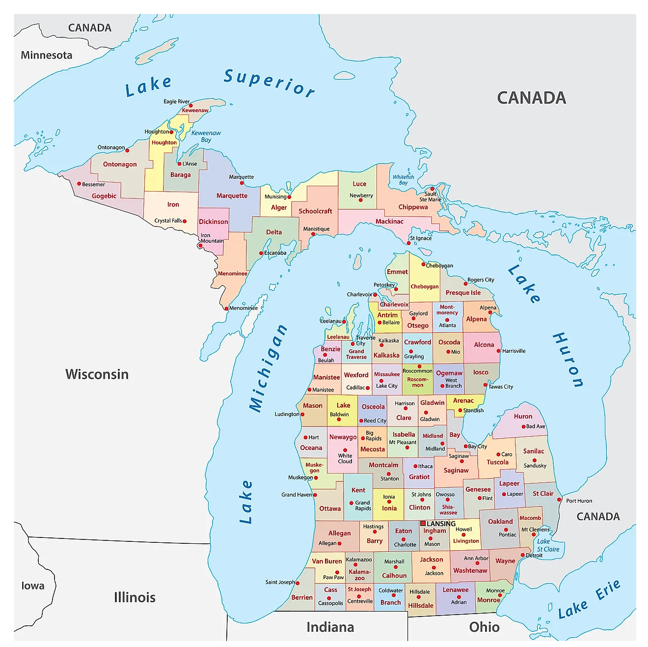 Mapa administrativo de Michigan que muestra sus 83 condados y la ciudad capital - Lansing