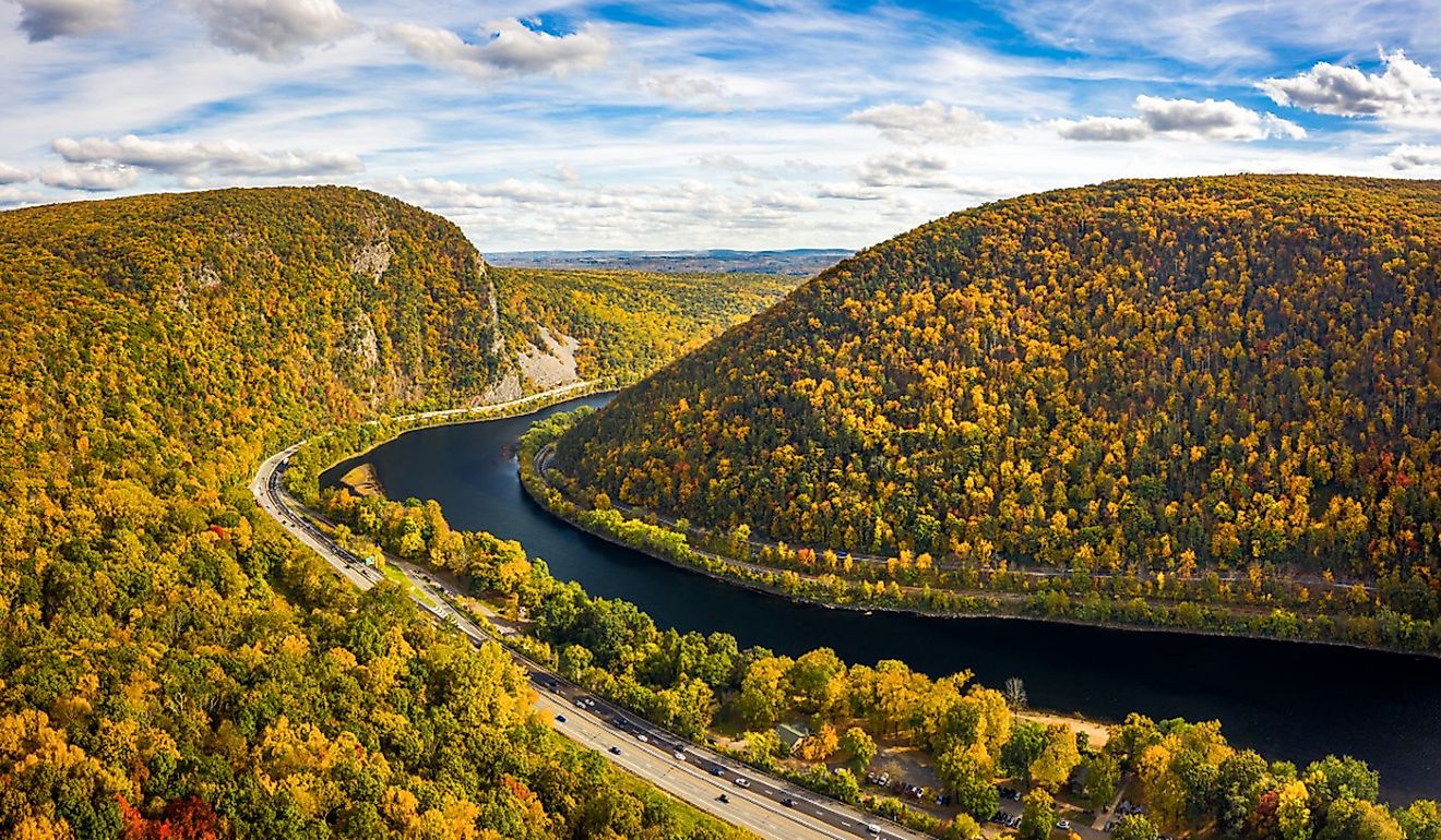 The Delaware Water Gap with fall colors.